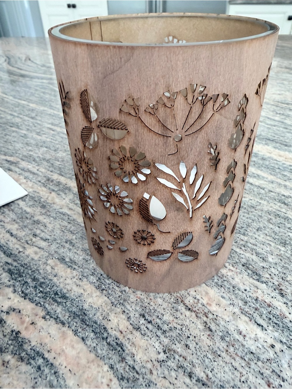 Wooden Floral Cutout Candle Holder - Natural Brown